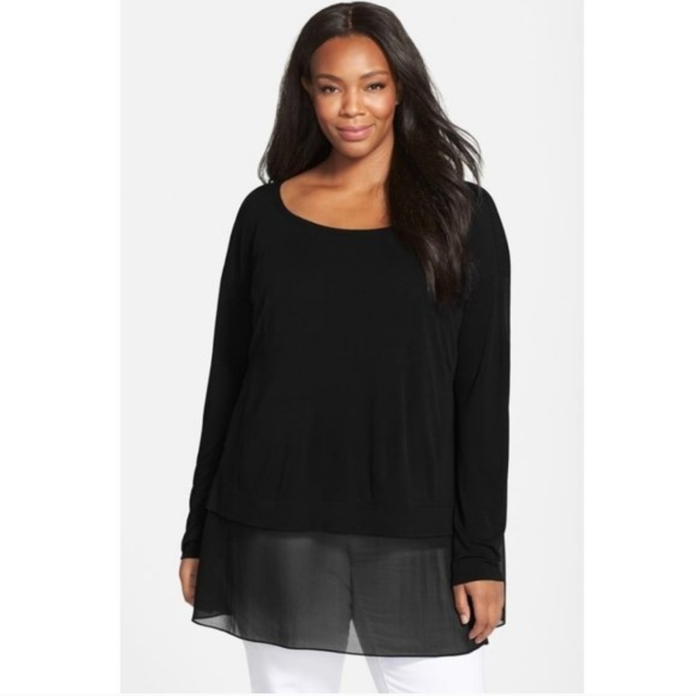 Eileen Fisher Woman 100% Silk Tunic Top Long Sleeve With Sheer Hem Black 2X
